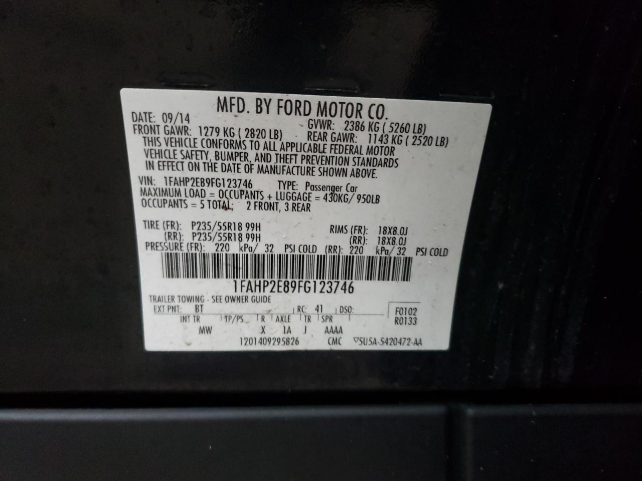 Photo 10 from auction – 2015 FORD TAURUS SEL with VIN 1FAHP2E89FG123746