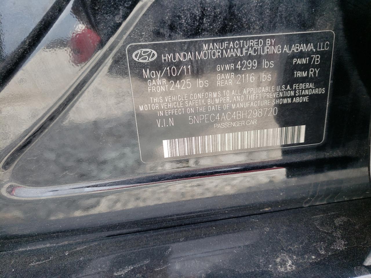 Photo 10 from auction – 2011 HYUNDAI SONATA SE with VIN 5NPEC4AC4BH298720