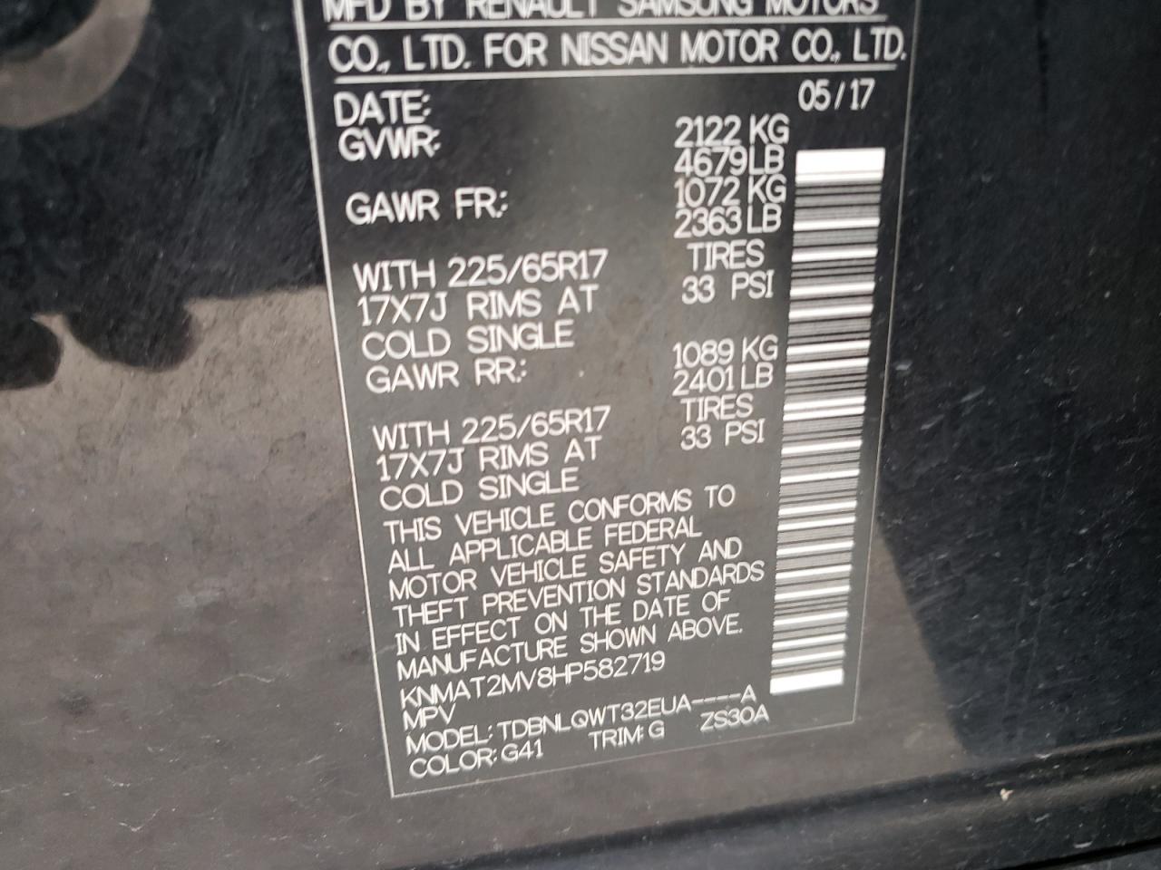 Photo 10 from auction – 2017 NISSAN ROGUE S with VIN KNMAT2MV8HP582719