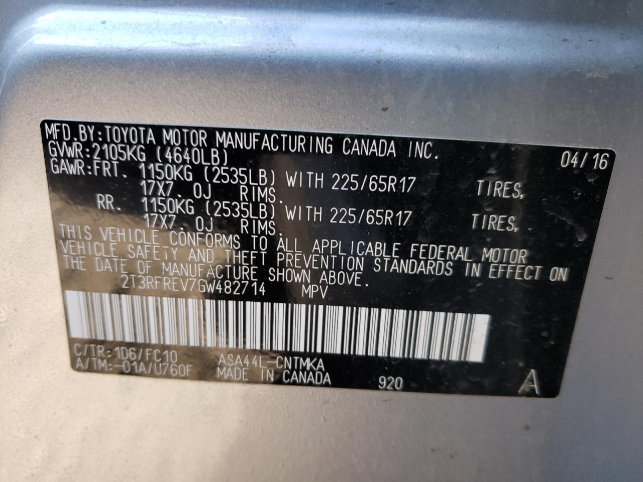 Photo 10 from auction – 2016 TOYOTA RAV4 XLE with VIN 2T3RFREV7GW482714