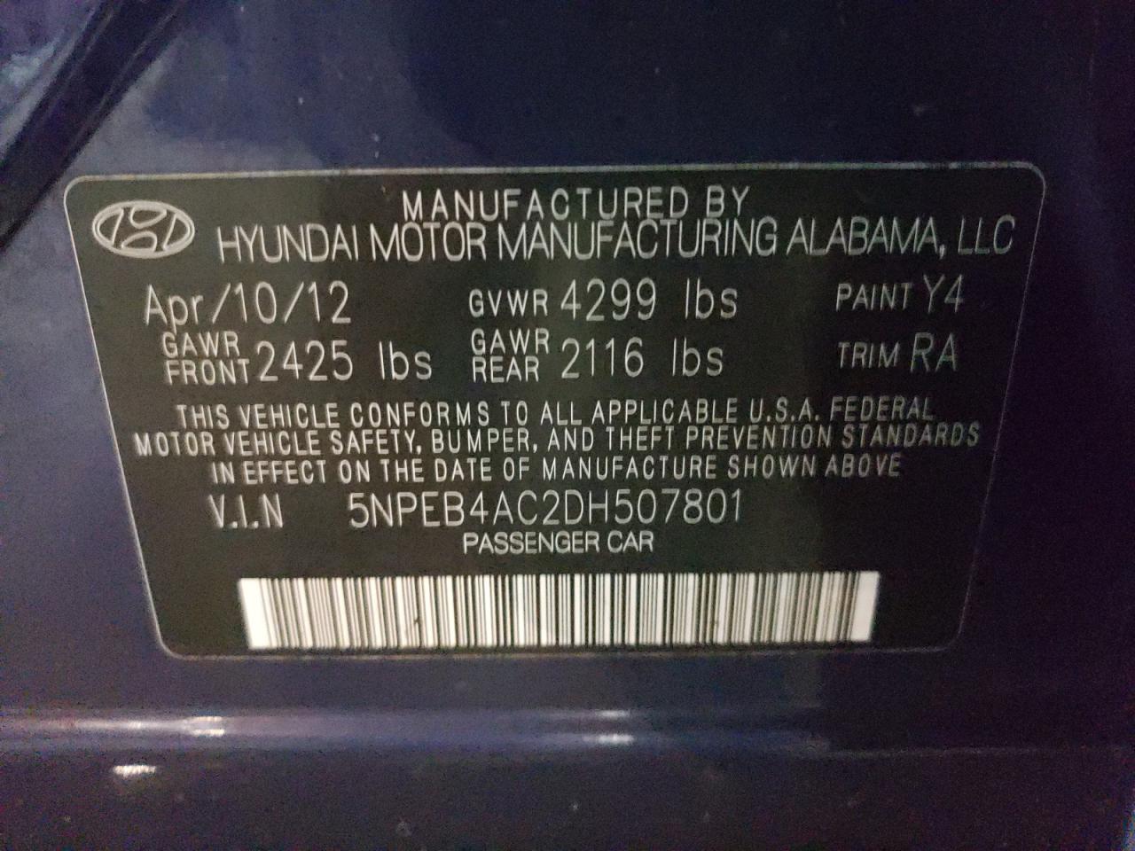 Photo 10 from auction – 2013 HYUNDAI SONATA GLS with VIN 5NPEB4AC2DH507801