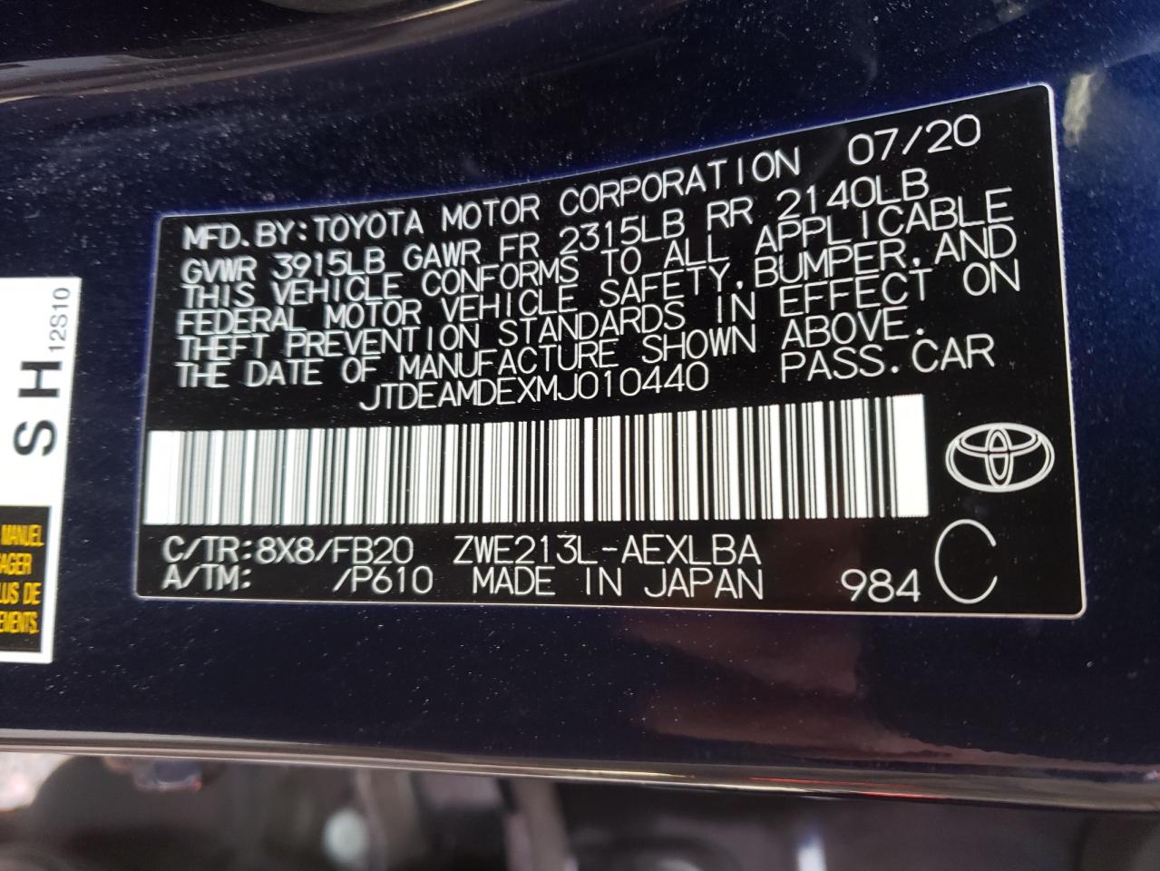 Photo 10 from auction – 2021 TOYOTA COROLLA LE with VIN JTDEAMDEXMJ010440