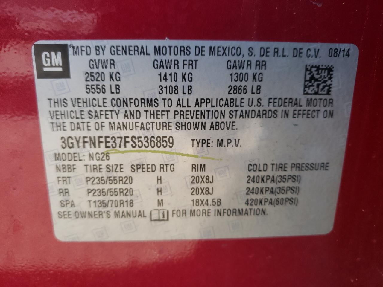 Photo 10 from auction – 2015 CADILLAC SRX PERFOR with VIN 3GYFNFE37FS536859