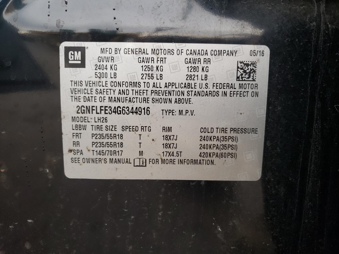 Photo 10 from auction – 2016 CHEVROLET EQUINOX LT with VIN 2GNFLFE34G6344916