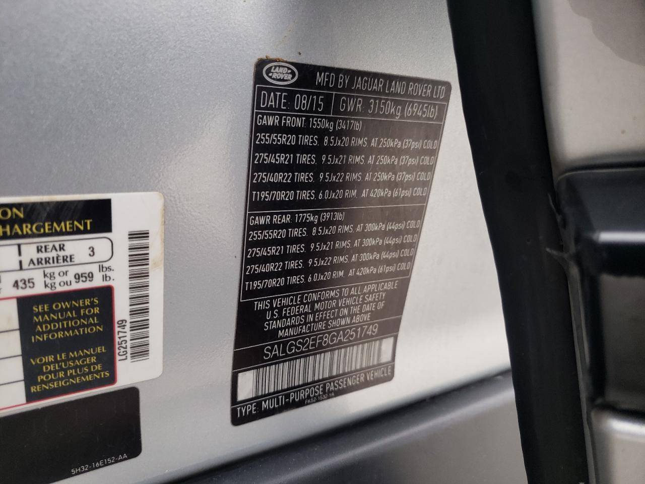 Photo 10 from auction – 2016 LAND ROVER RANGE ROVE with VIN SALGS2EF8GA251749