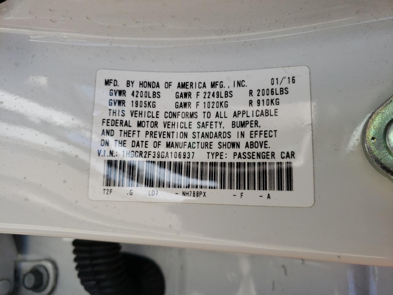Photo 10 from auction – 2016 HONDA ACCORD LX with VIN 1HGCR2F39GA106937