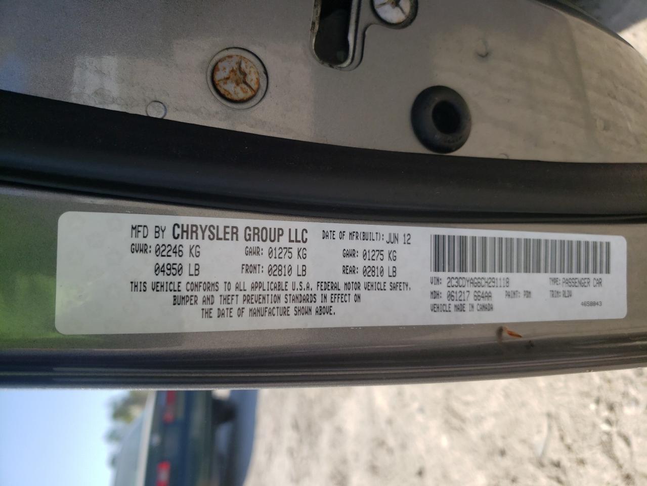 Photo 10 from auction – 2012 DODGE CHALLENGER with VIN 2C3CDYAG6CH291118