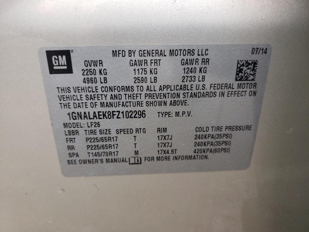 Photo 10 from auction – 2015 CHEVROLET EQUINOX LS with VIN 1GNALAEK8FZ102296