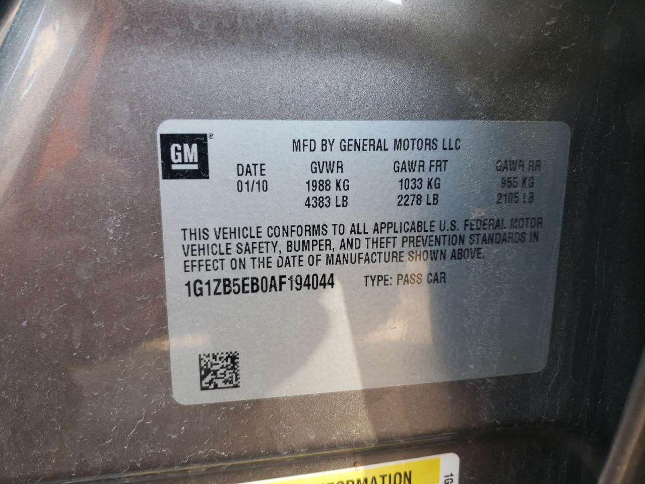 Photo 10 from auction – 2010 CHEVROLET MALIBU LS with VIN 1G1ZB5EB0AF194044