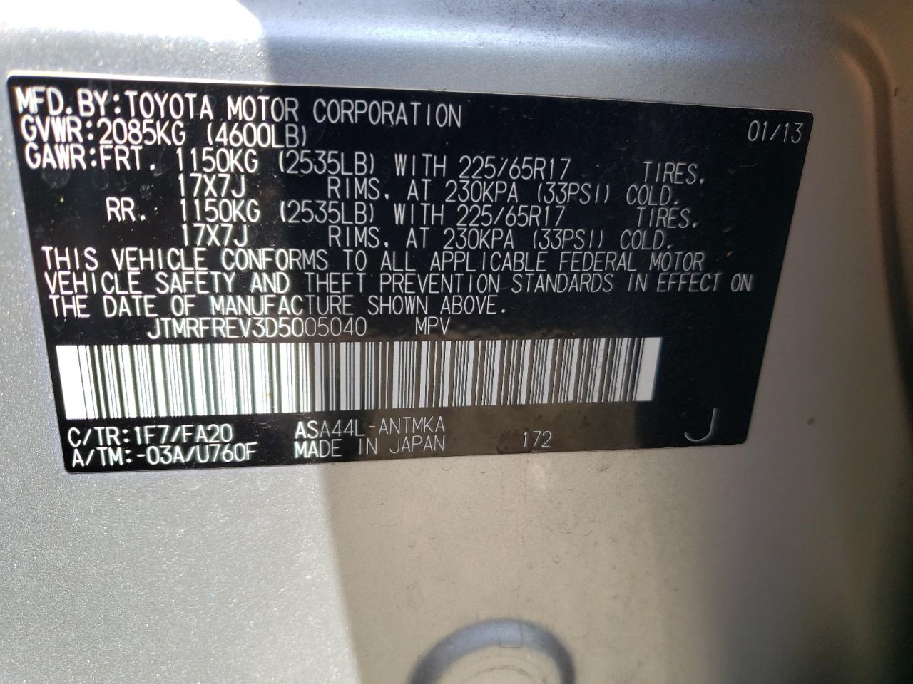 Photo 10 from auction – 2013 TOYOTA RAV4 XLE with VIN JTMRFREV3D5005040