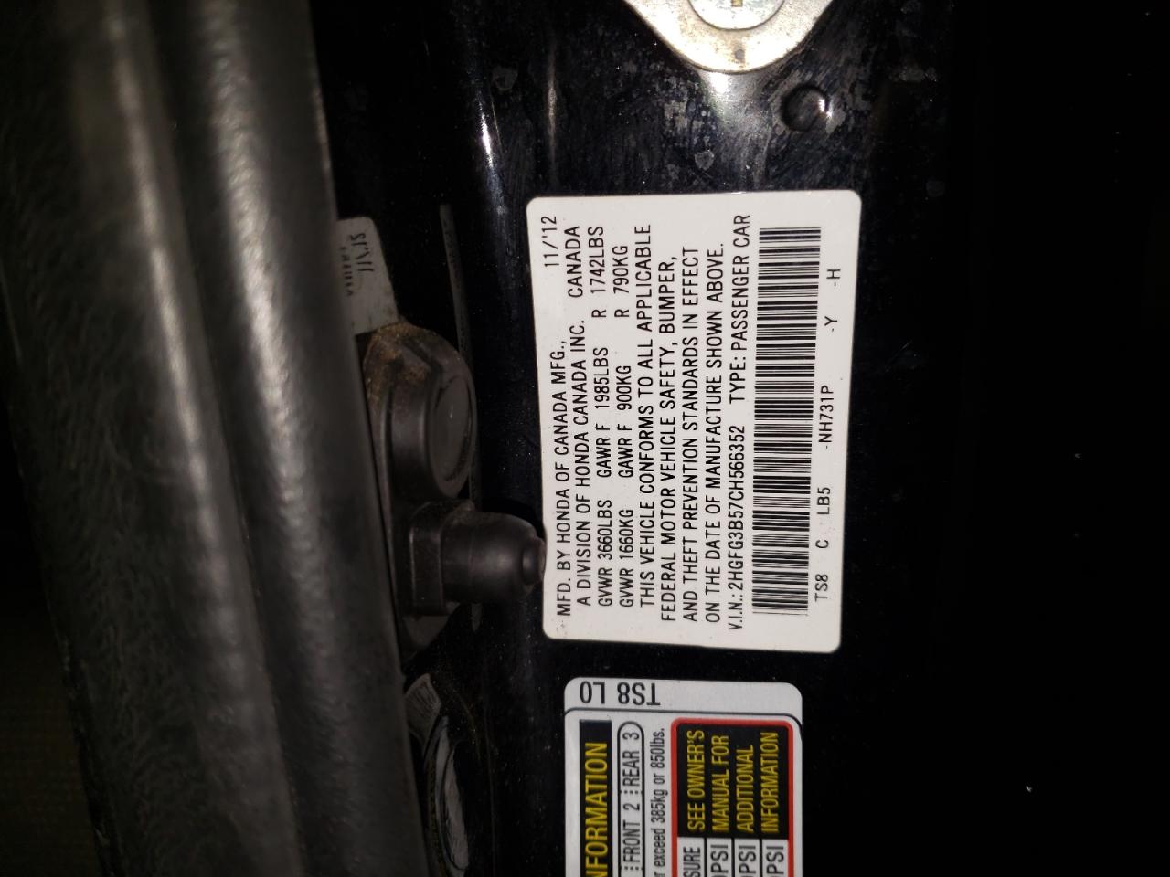 Photo 10 from auction – 2012 HONDA CIVIC LX with VIN 2HGFG3B57CH566352