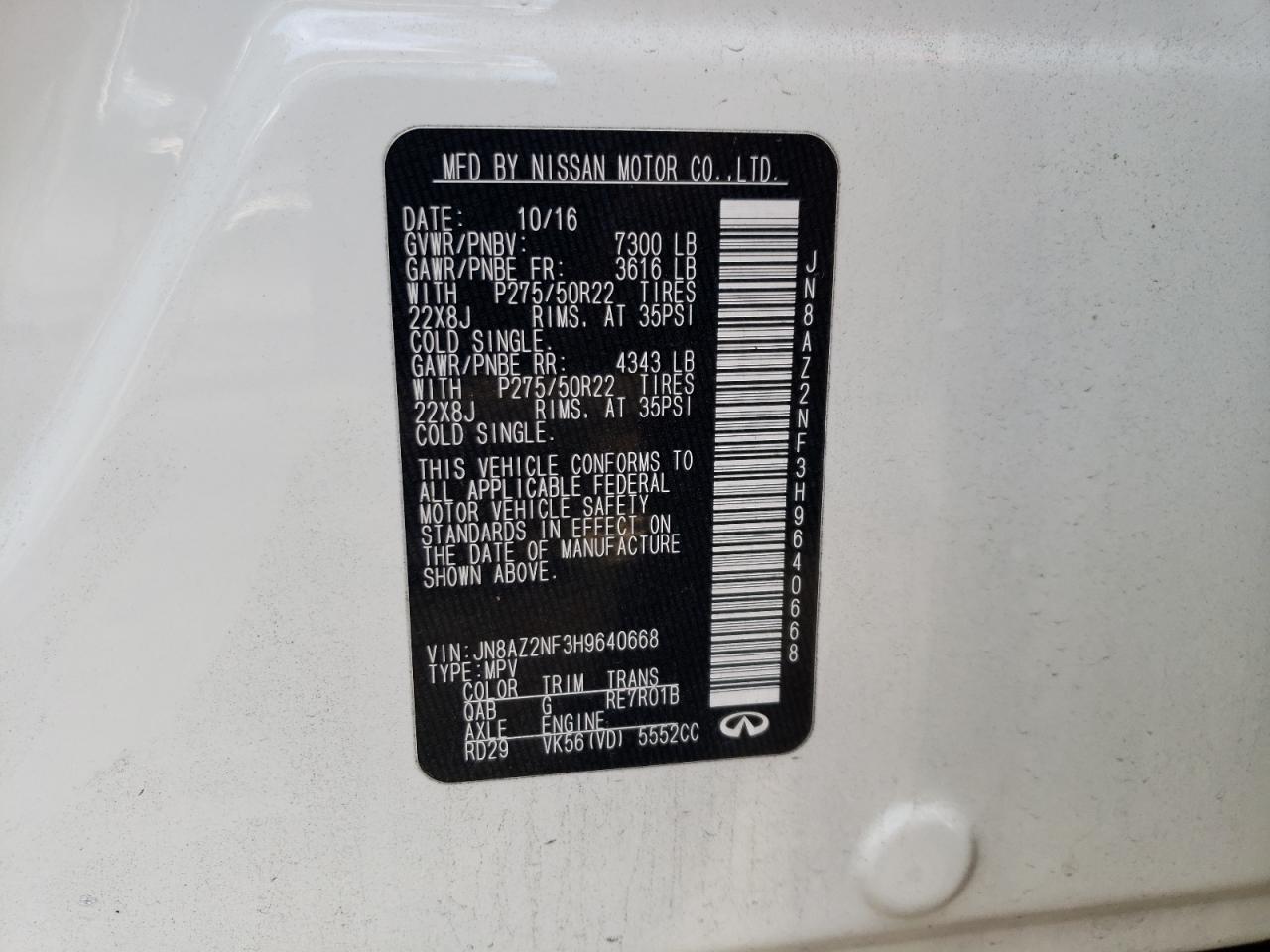 Photo 10 from auction – 2017 INFINITI QX80 BASE with VIN JN8AZ2NF3H9640668