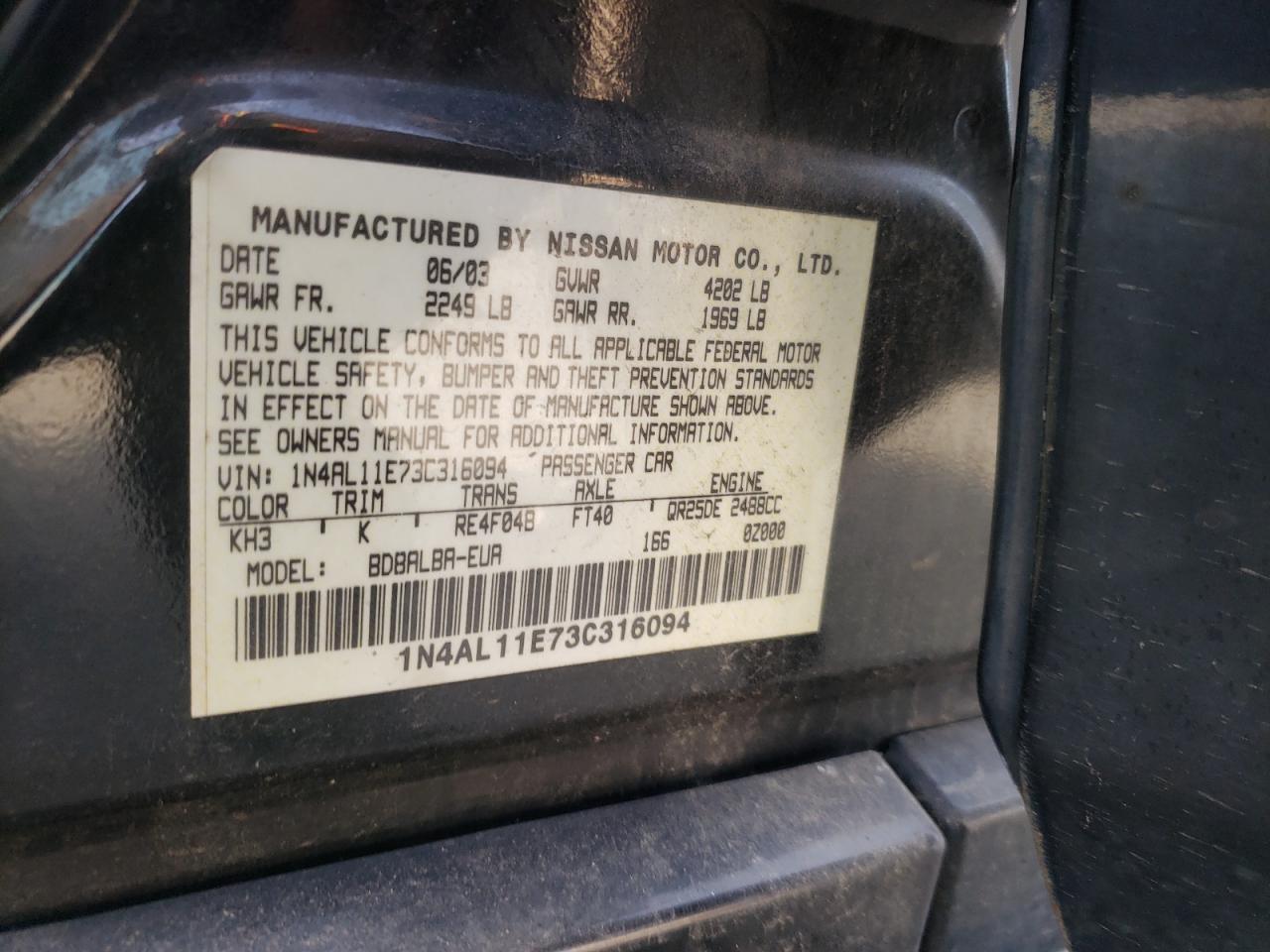 Photo 10 from auction – 2003 NISSAN ALTIMA BAS with VIN 1N4AL11E73C316094