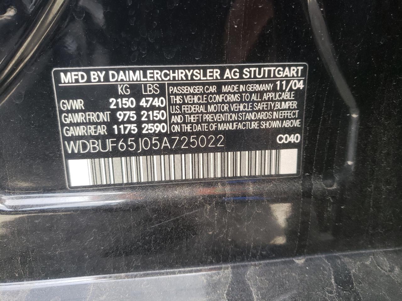 Photo 10 from auction – 2005 MERCEDES-BENZ E 320 with VIN WDBUF65J05A725022