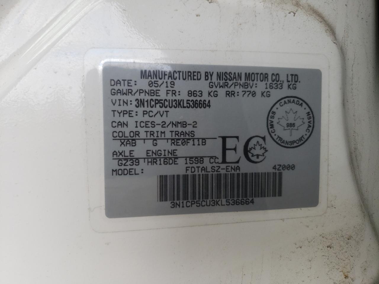 Photo 10 from auction – 2019 NISSAN KICKS S with VIN 3N1CP5CU3KL536664