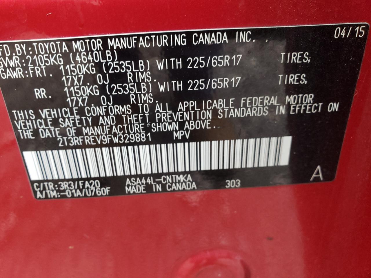 Photo 10 from auction – 2015 TOYOTA RAV4 XLE with VIN 2T3RFREV9FW329881