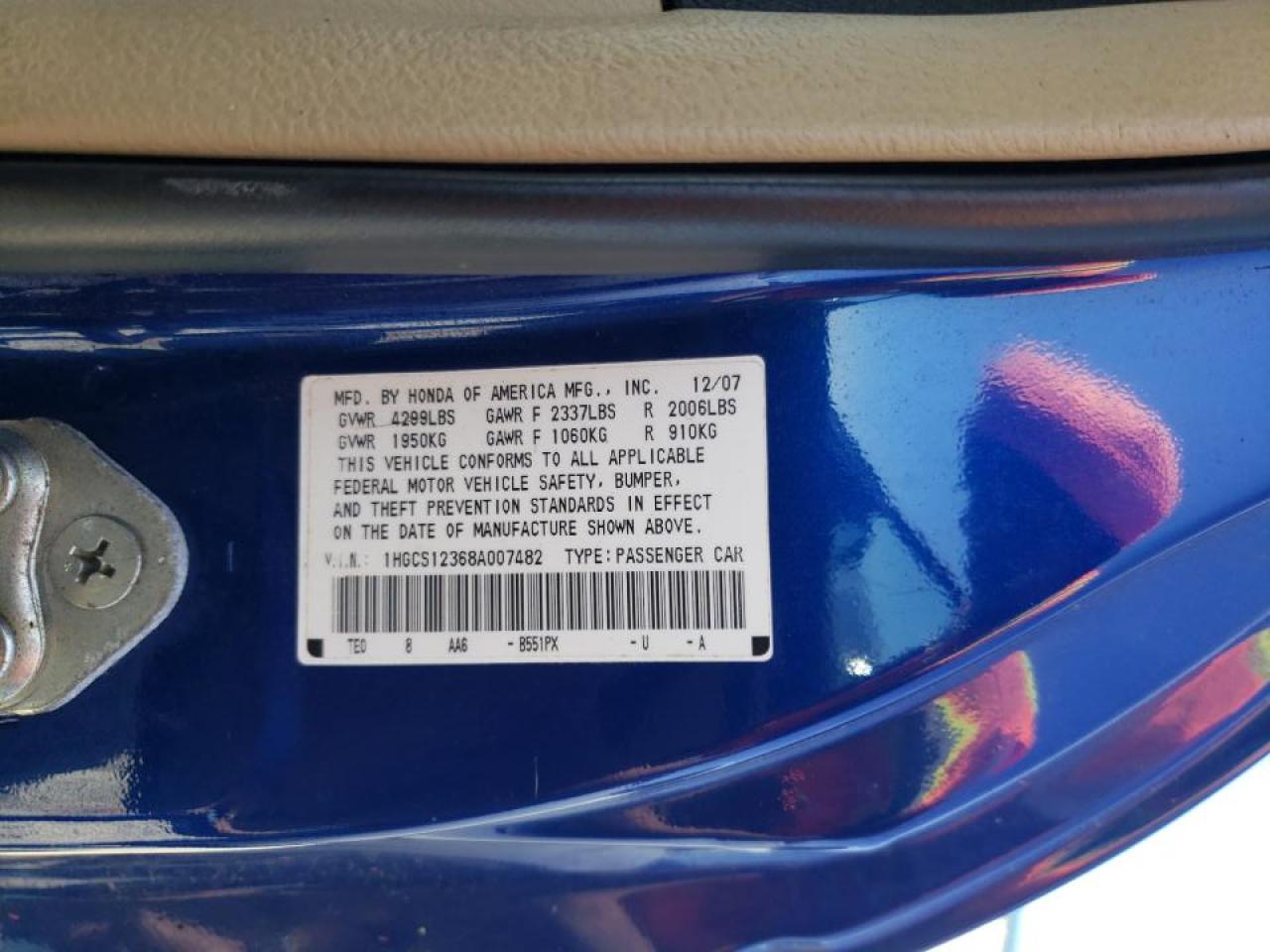 Photo 10 from auction – 2008 HONDA ACCORD LX- with VIN 1HGCS12368A007482