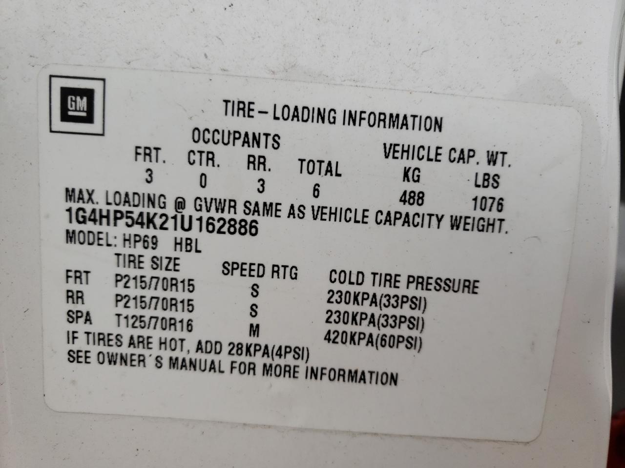 Photo 10 from auction – 2001 BUICK LESABRE CU with VIN 1G4HP54K21U162886
