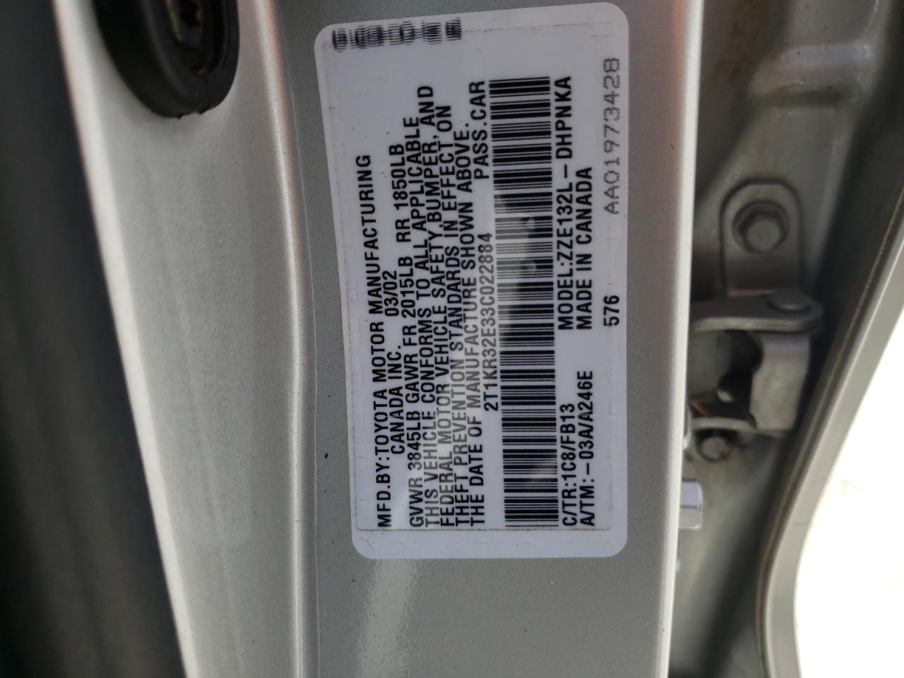 Photo 10 from auction – 2003 TOYOTA COROLLA MA with VIN 2T1KR32E33C022884