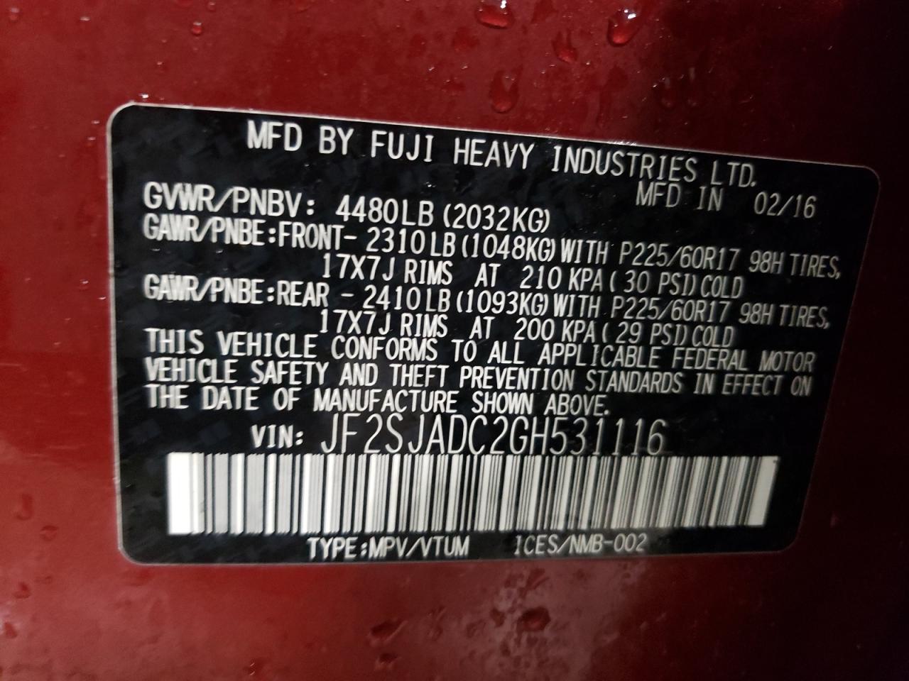 Photo 10 from auction – 2016 SUBARU FORESTER 2 with VIN JF2SJADC2GH531116