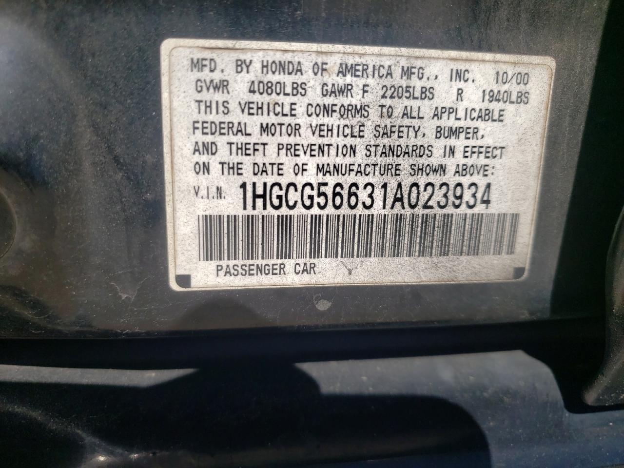 Photo 10 from auction – 2001 HONDA ACCORD with VIN 1HGCG56631A023934