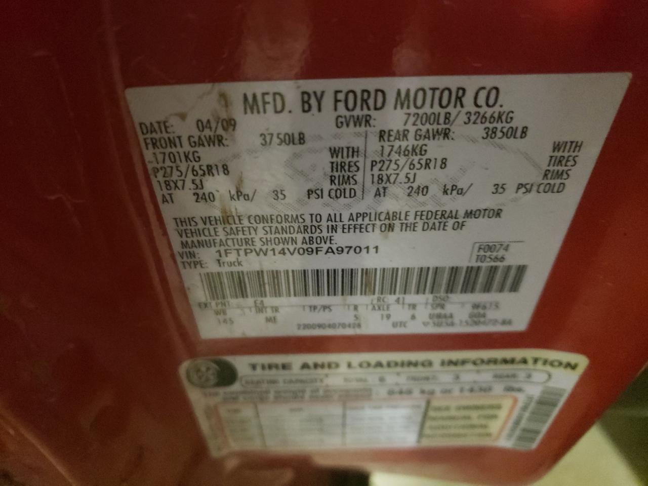 Photo 10 from auction – 2009 FORD F150 SUPER with VIN 1FTPW14V09FA97011
