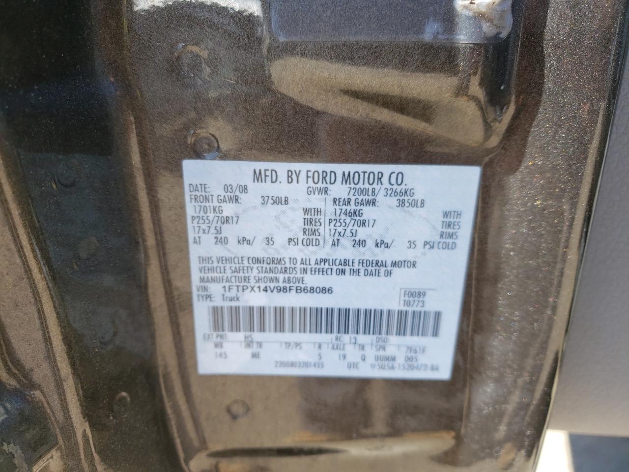 Photo 10 from auction – 2008 FORD F150 with VIN 1FTPX14V98FB68086