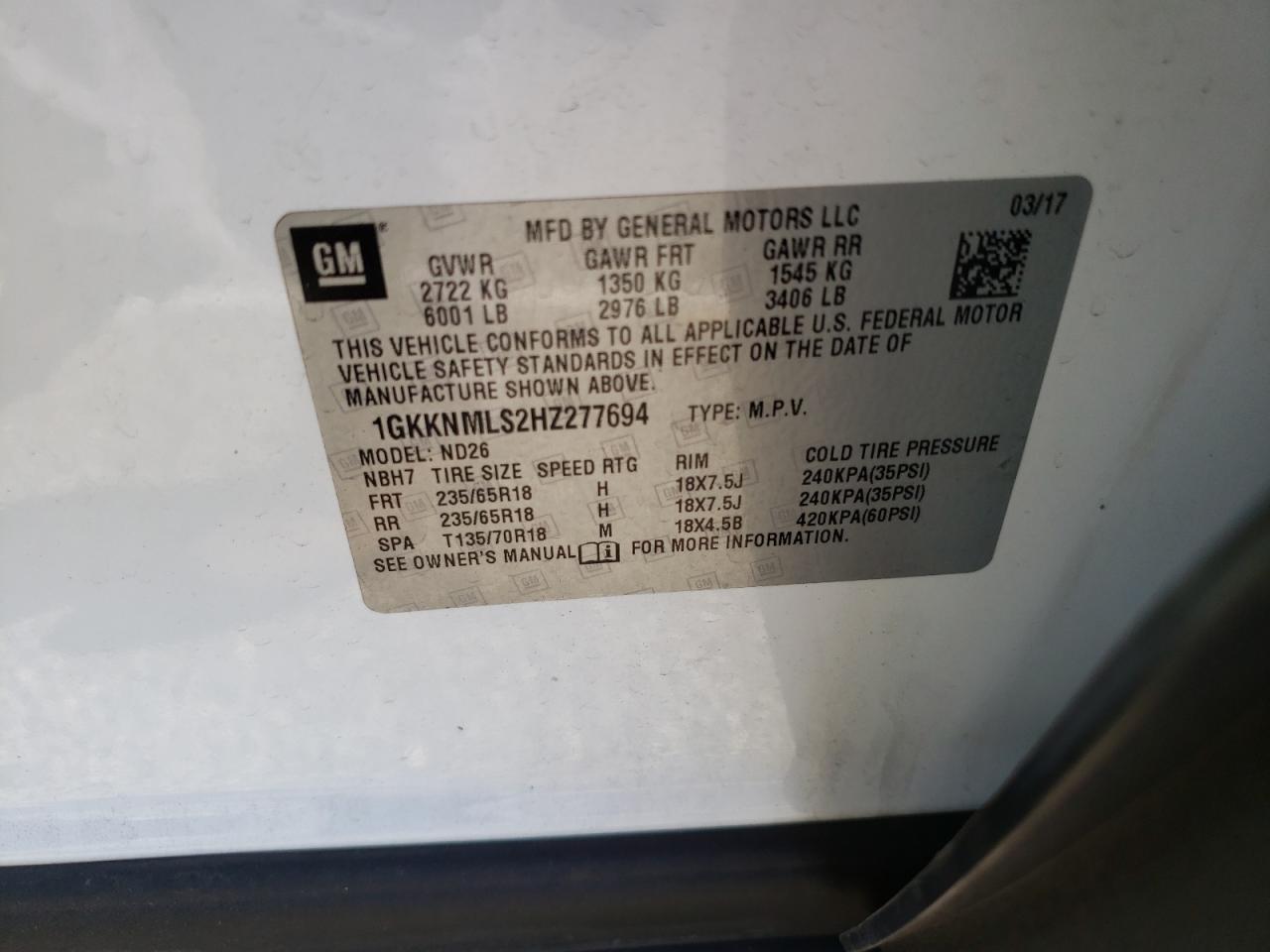 Photo 10 from auction – 2017 GMC ACADIA SLT with VIN 1GKKNMLS2HZ277694