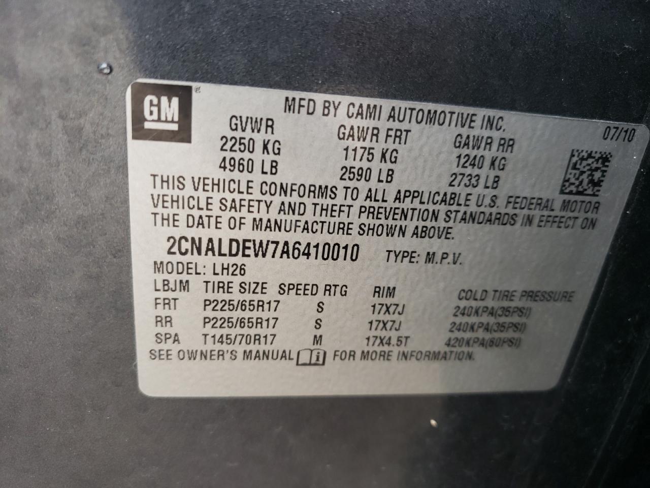Photo 10 from auction – 2010 CHEVROLET EQUINOX LT with VIN 2CNALDEW7A6410010