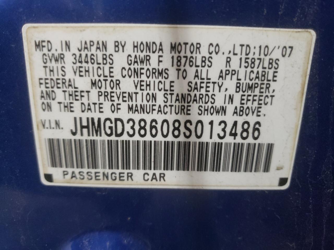 Photo 10 from auction – 2008 HONDA FIT with VIN JHMGD38608S013486