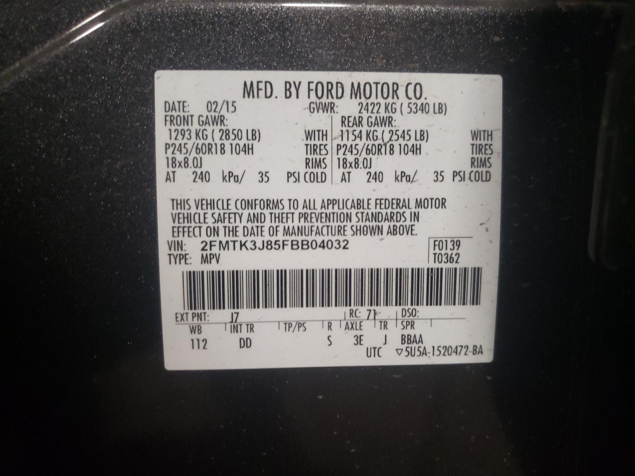Photo 10 from auction – 2015 FORD EDGE SEL with VIN 2FMTK3J85FBB04032