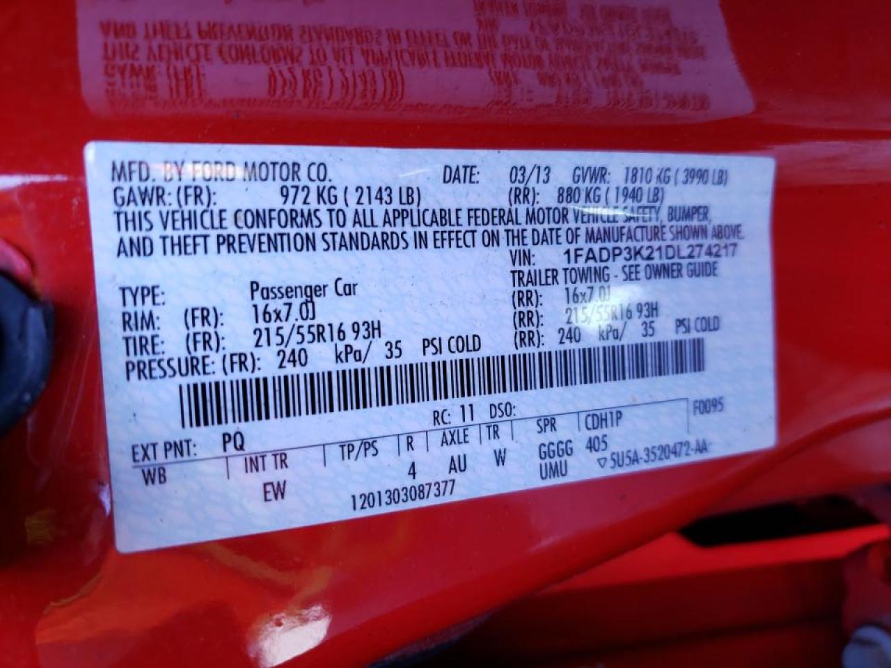 Photo 10 from auction – 2013 FORD FOCUS SE with VIN 1FADP3K21DL274217