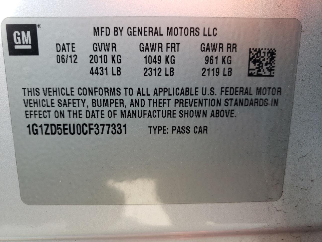 Photo 10 from auction – 2012 CHEVROLET MALIBU 2LT with VIN 1G1ZD5EU0CF377331