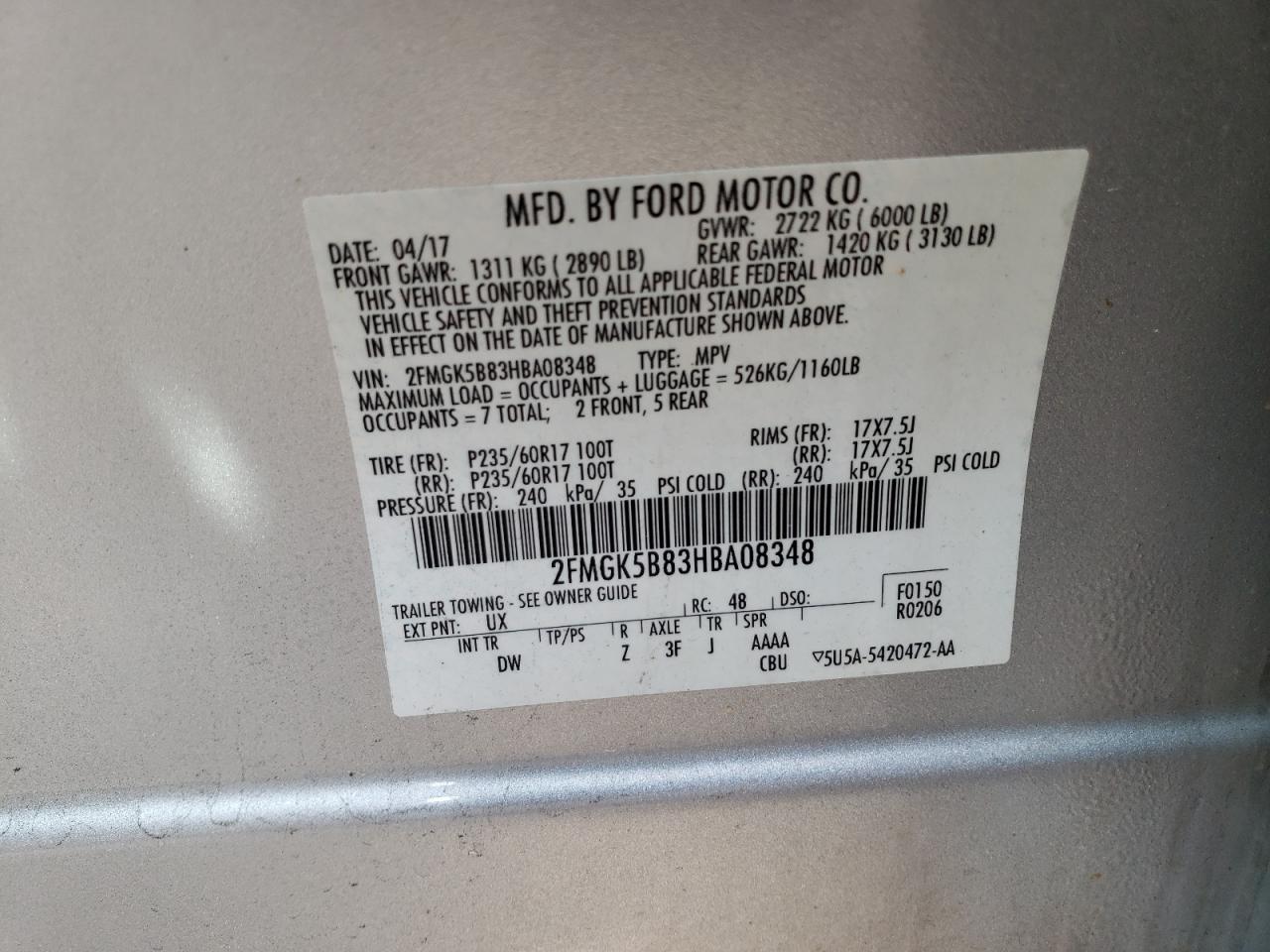 Photo 10 from auction – 2017 FORD FLEX SE with VIN 2FMGK5B83HBA08348