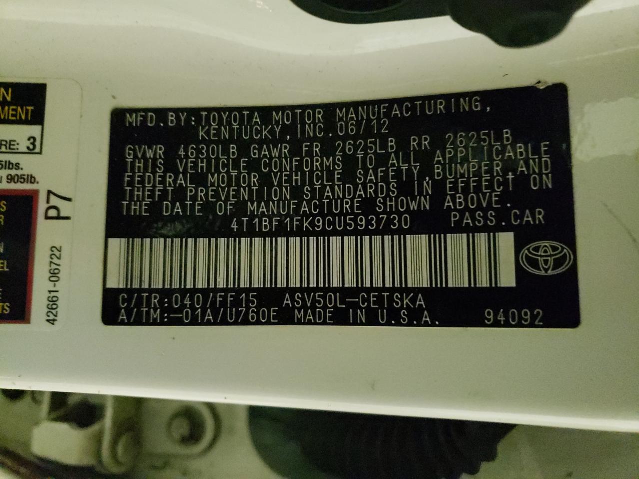 Photo 10 from auction – 2012 TOYOTA CAMRY BASE with VIN 4T1BF1FK9CU593730