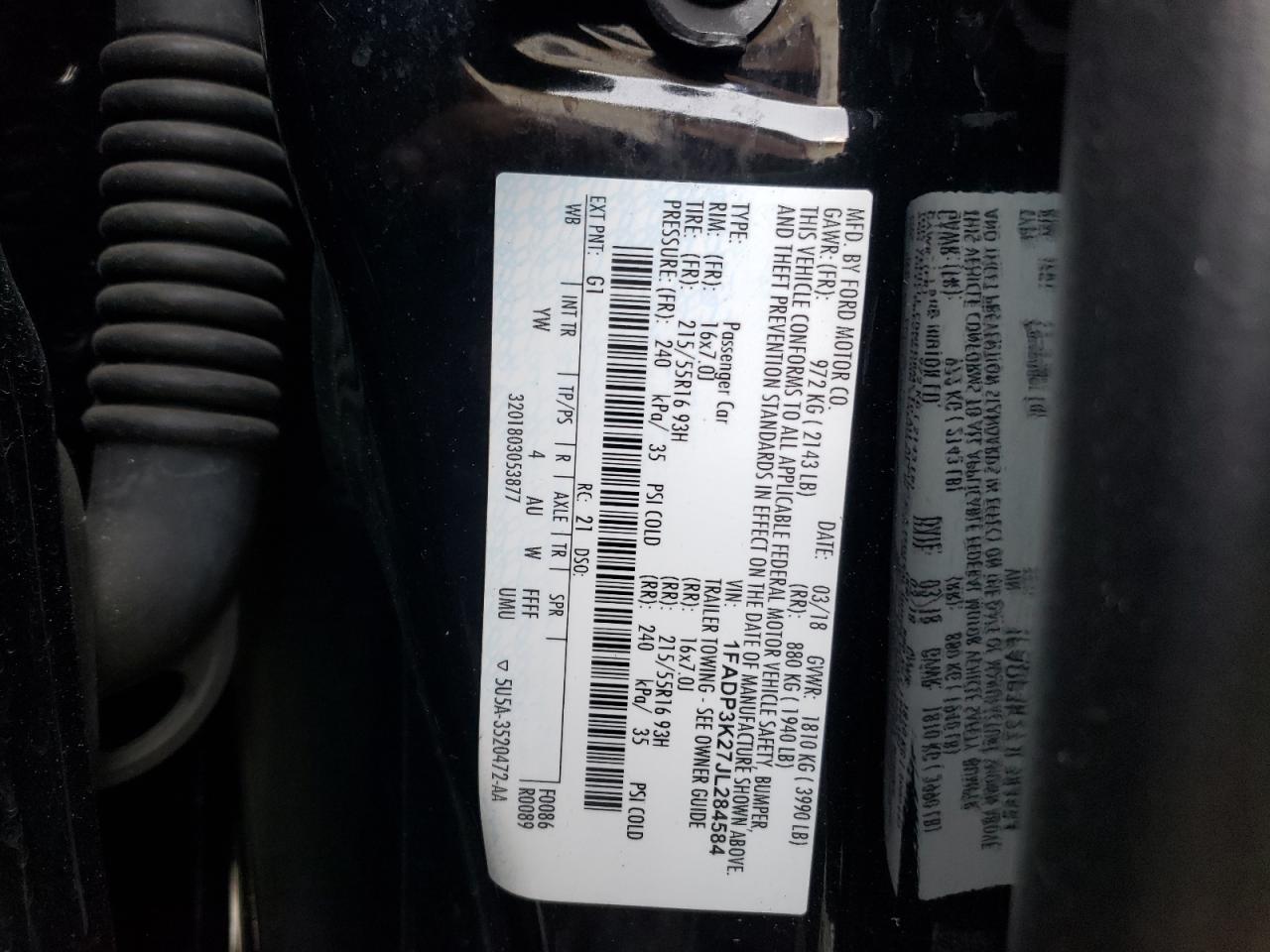 Photo 10 from auction – 2018 FORD FOCUS SE with VIN 1FADP3K27JL284584