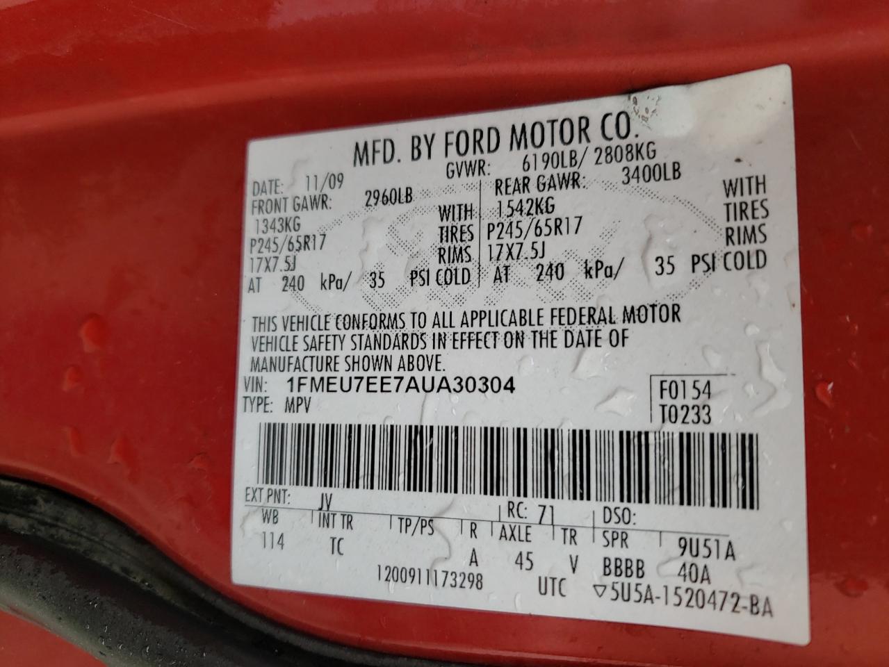 Photo 10 from auction – 2010 FORD EXPLORER E with VIN 1FMEU7EE7AUA30304