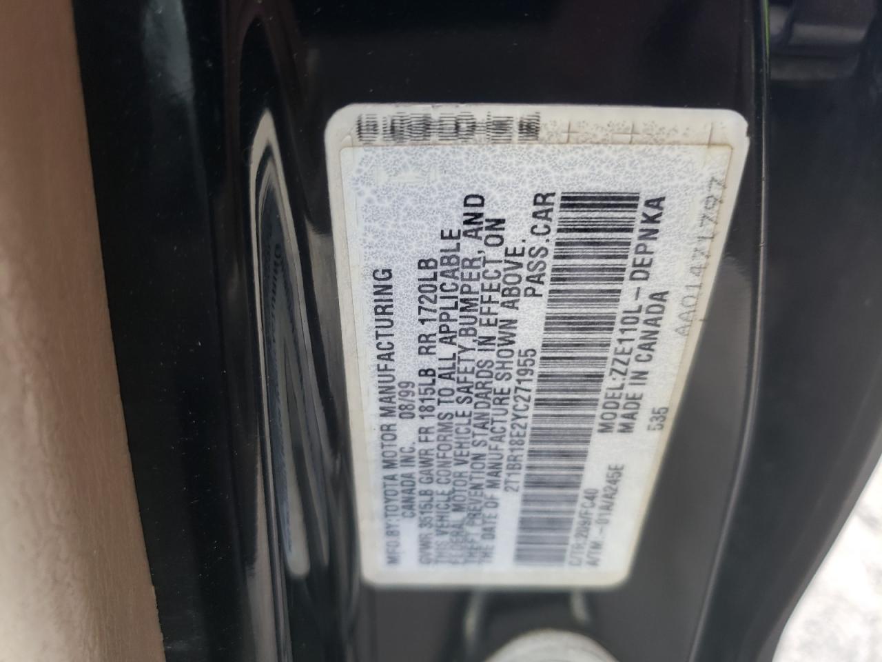 Photo 10 from auction – 2000 TOYOTA COROLLA VE with VIN 2T1BR18E2YC271955