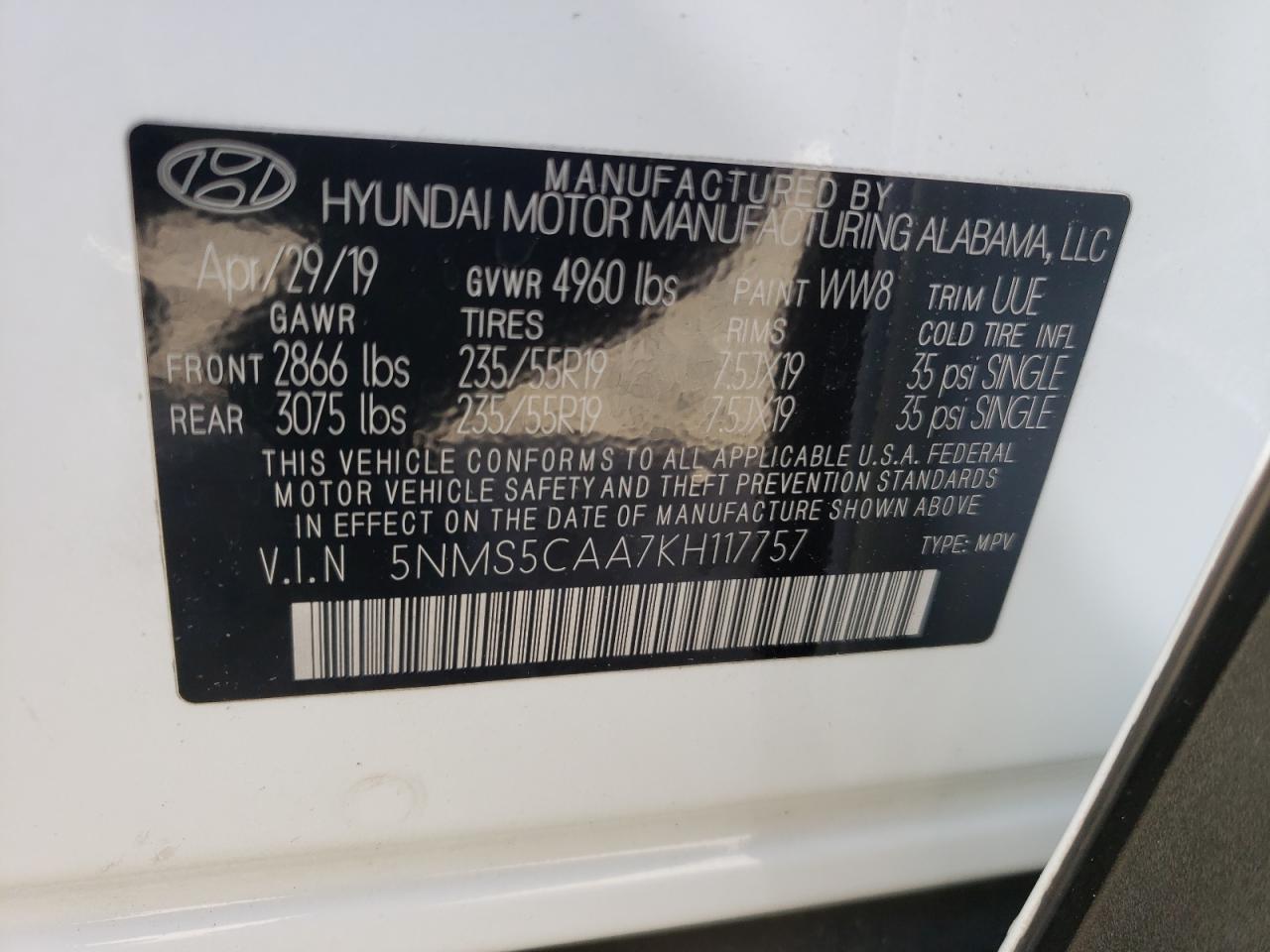 Photo 10 from auction – 2019 HYUNDAI SANTA FE L with VIN 5NMS5CAA7KH117757