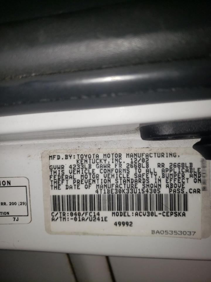 Photo 10 from auction – 2003 TOYOTA CAMRY LE with VIN 4T1BE30K33U154305