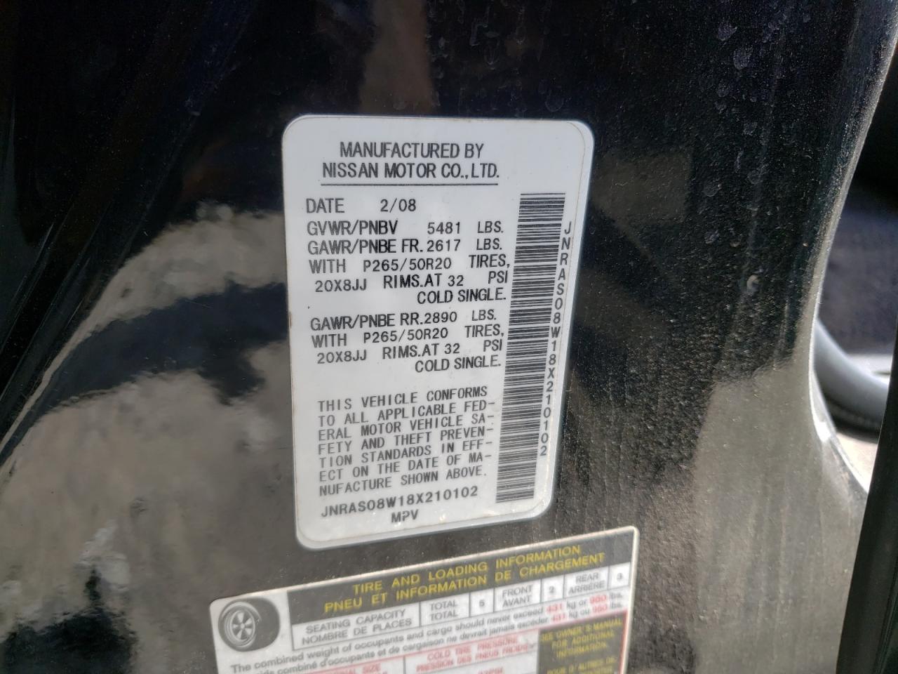 Photo 10 from auction – 2008 INFINITI FX35 with VIN JNRAS08W18X210102