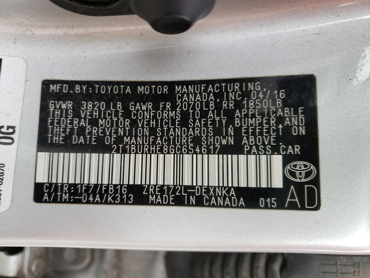 Photo 10 from auction – 2016 TOYOTA COROLLA L with VIN 2T1BURHE8GC654617