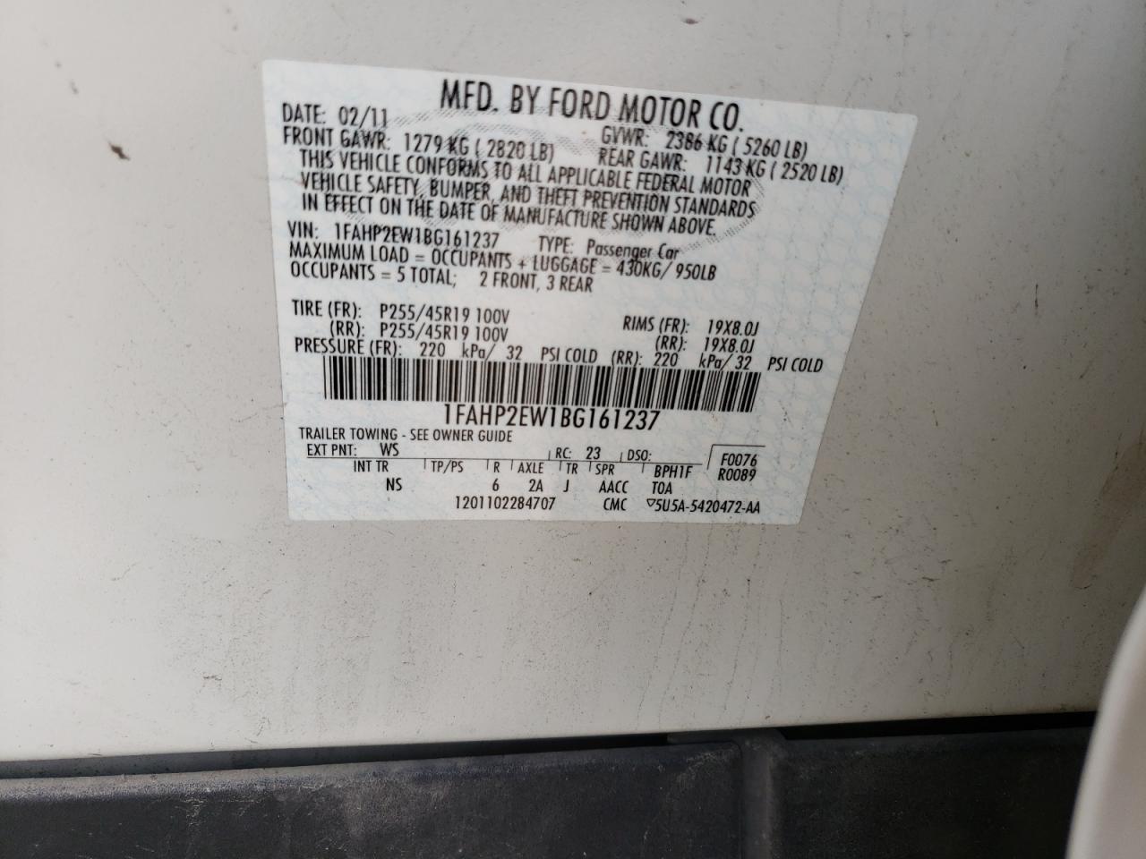 Photo 10 from auction – 2011 FORD TAURUS SEL with VIN 1FAHP2EW1BG161237