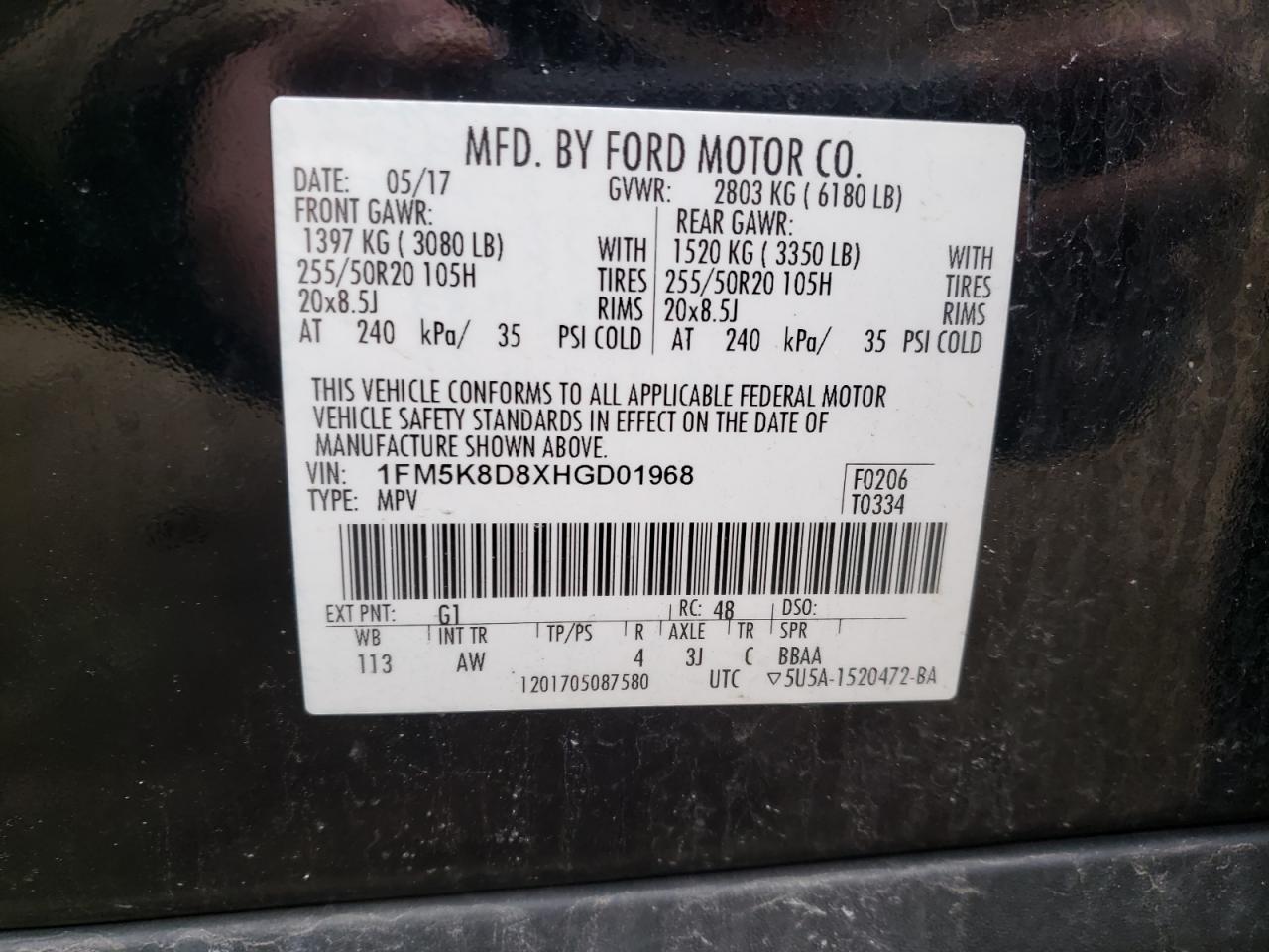 Photo 10 from auction – 2017 FORD EXPLORER X with VIN 1FM5K8D8XHGD01968