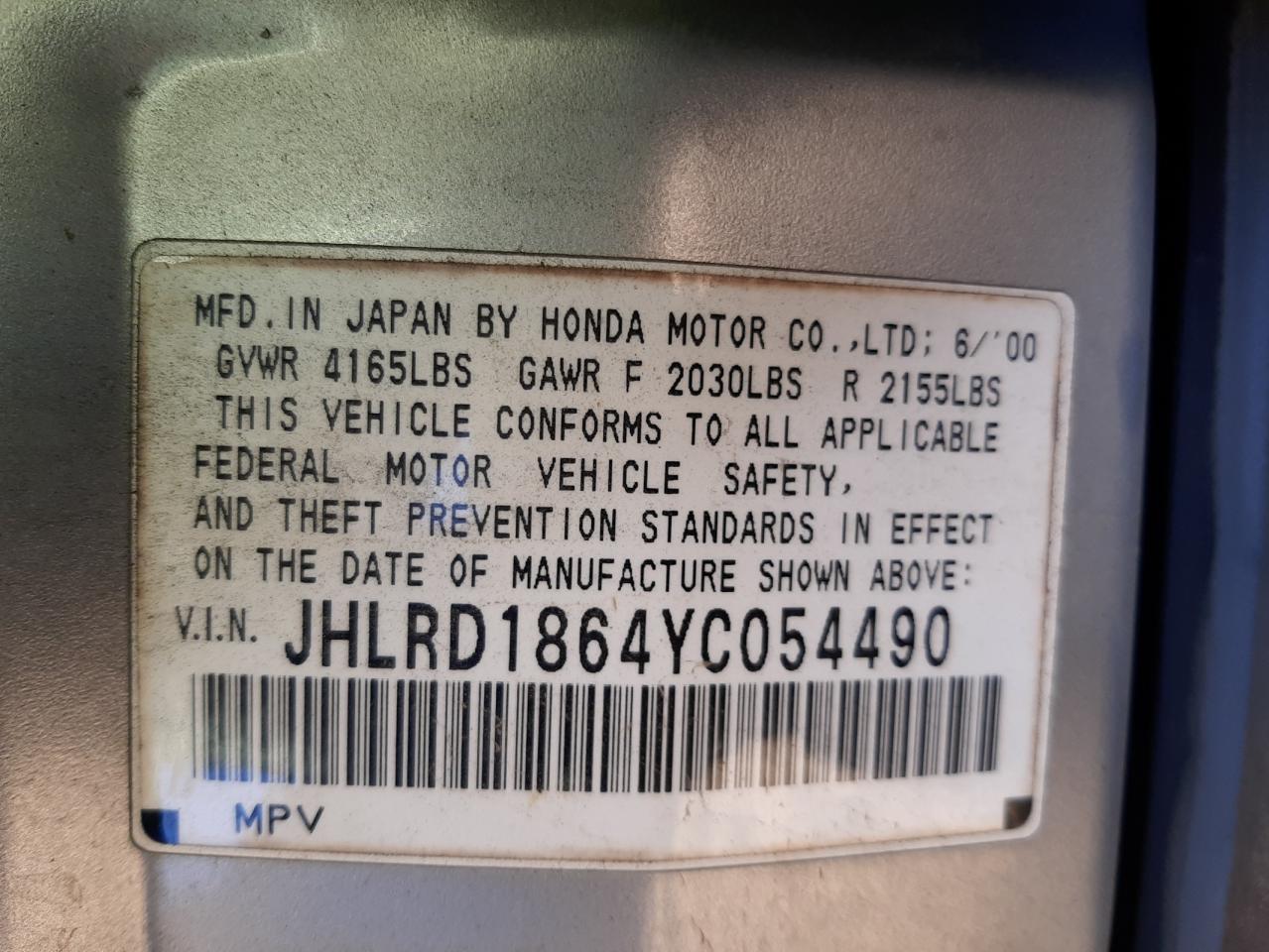 Photo 10 from auction – 2000 HONDA CR-V with VIN JHLRD1864YC054490