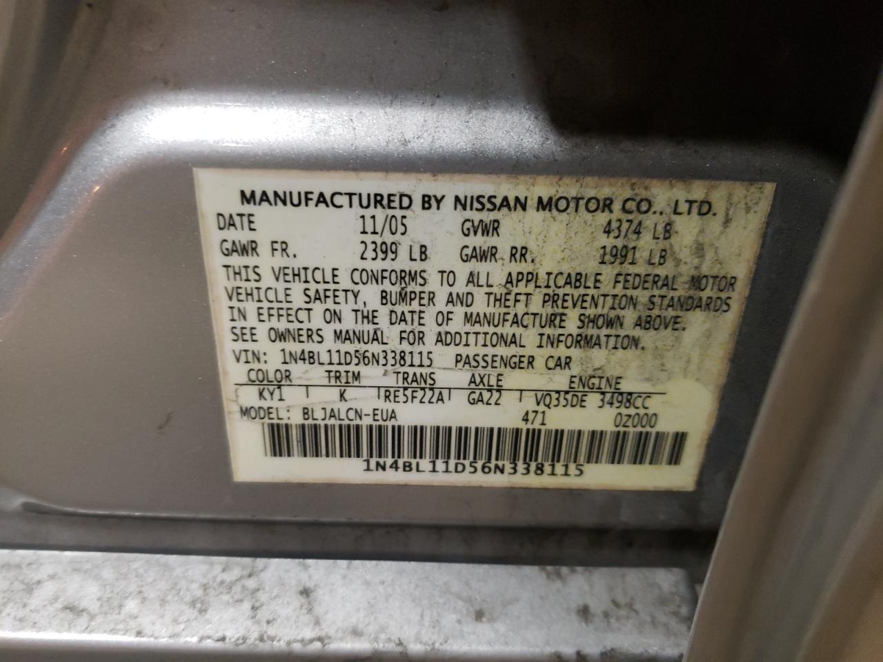 Photo 10 from auction – 2006 NISSAN ALTIMA SE with VIN 1N4BL11D56N338115