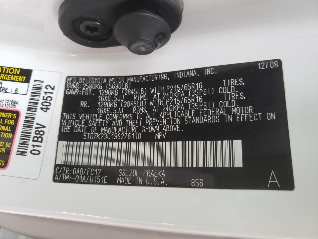 Photo 10 from auction – 2009 TOYOTA SIENNA CE with VIN 5TDZK23C19S276118
