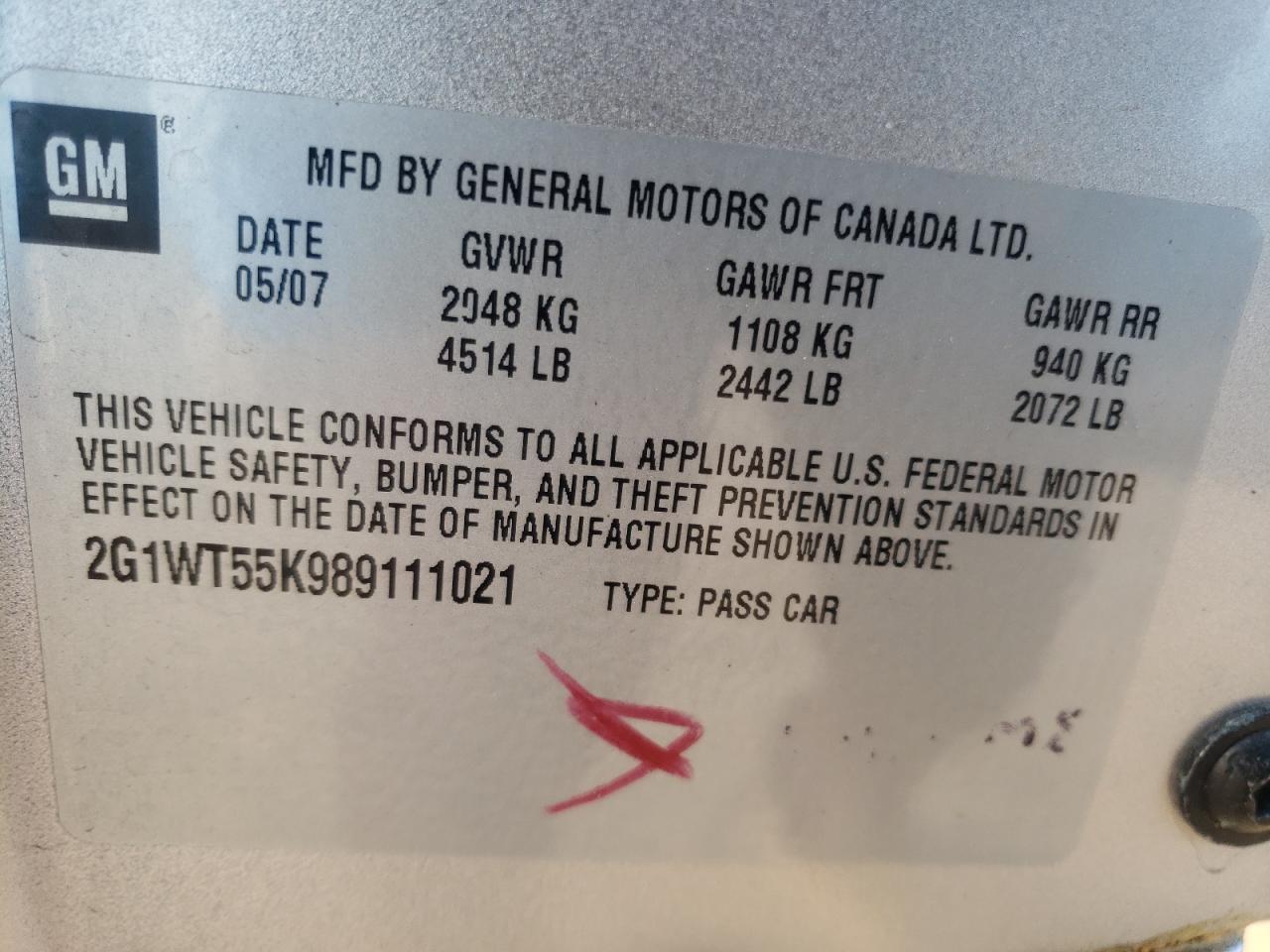 Photo 10 from auction – 2008 CHEVROLET IMPALA LT with VIN 2G1WT55K989111021
