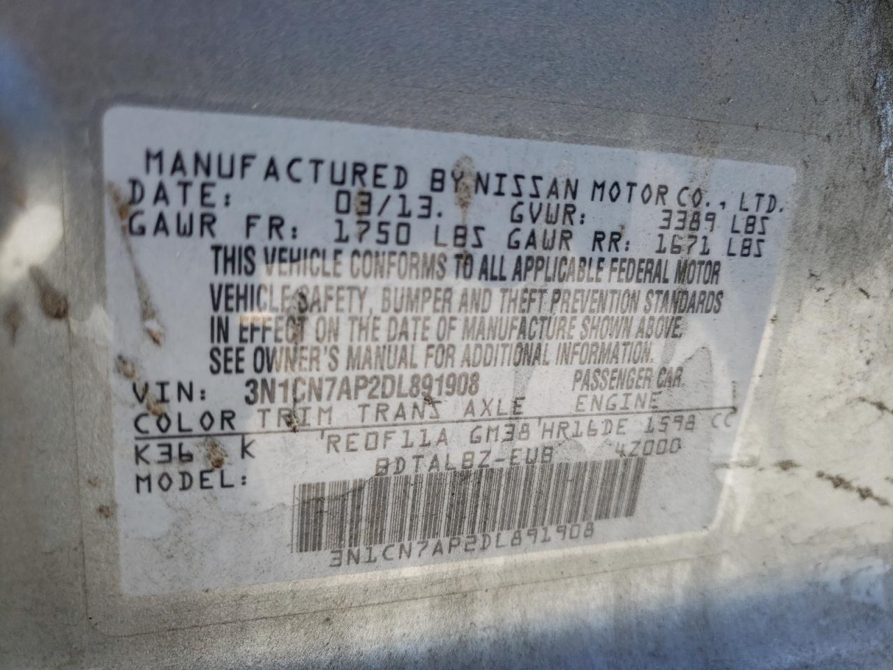 Photo 10 from auction – 2013 NISSAN VERSA with VIN 3N1CN7AP2DL891908