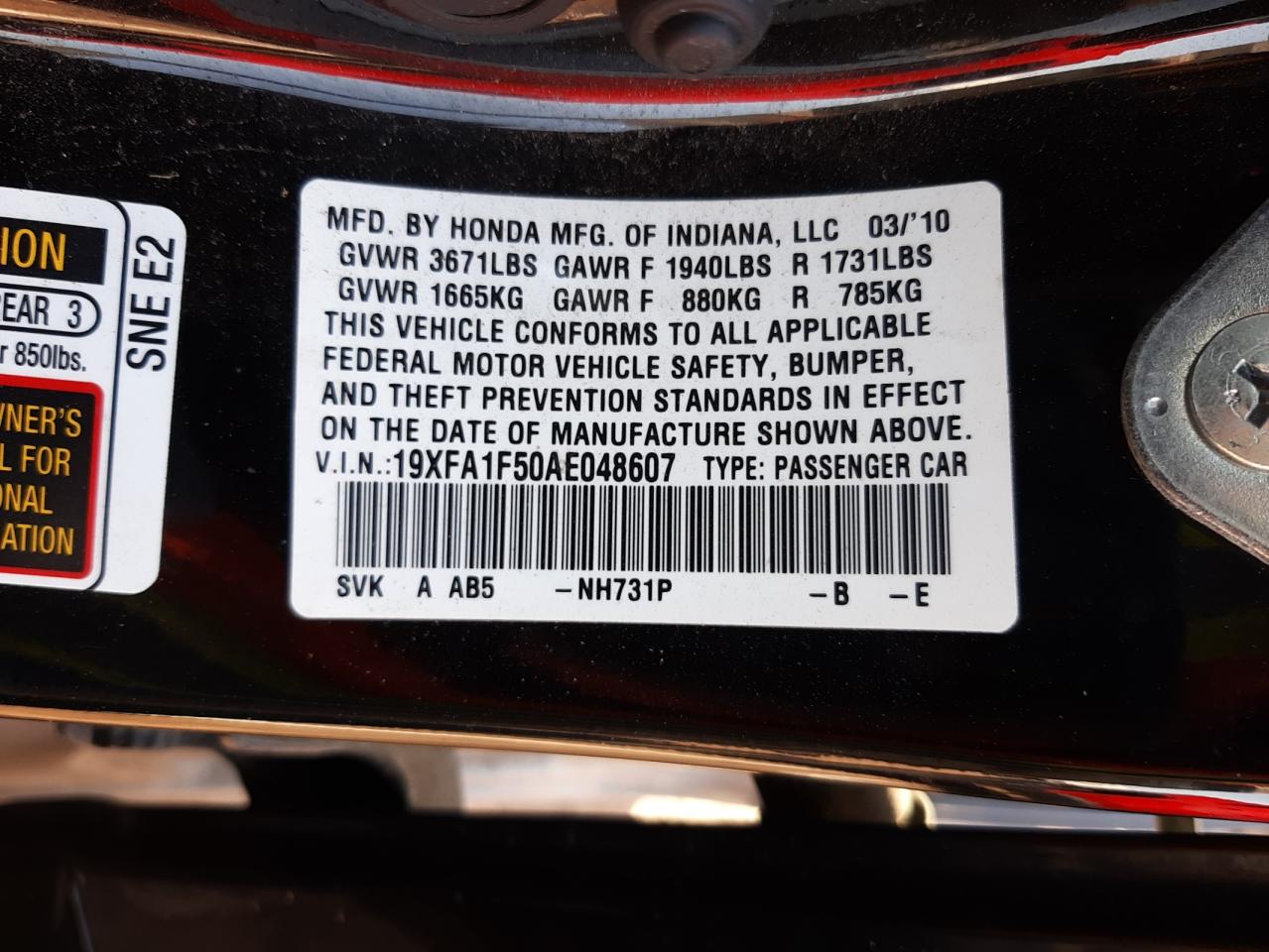 Photo 10 from auction – 2010 HONDA CIVIC LX with VIN 19XFA1F50AE048607